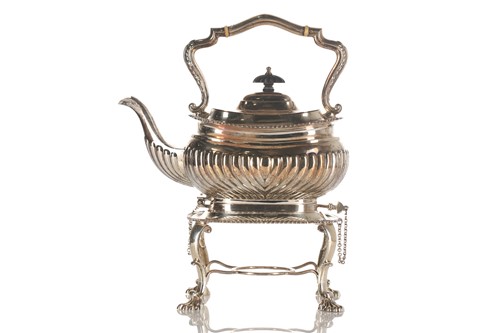 Lot 317 - A silver kettle on stand of half reeded boat...