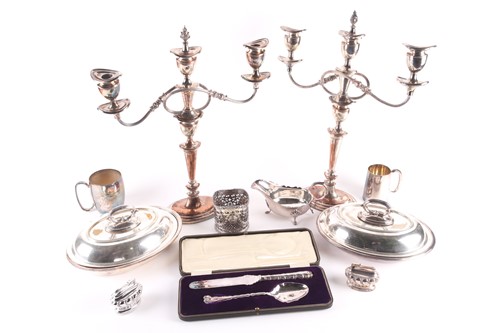 Lot 347 - A pair of silver plated two branch candelabras,...