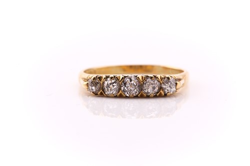 Lot 368 - A five stone half hoop diamond ring; the...