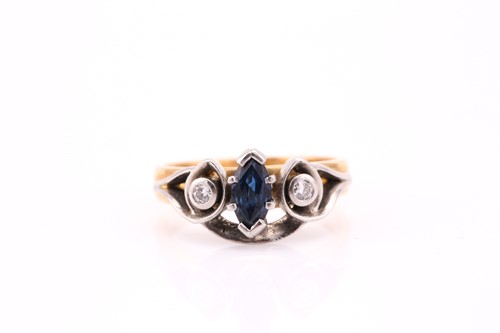 Lot 834 - A three stone half hoop ring; the marquise...