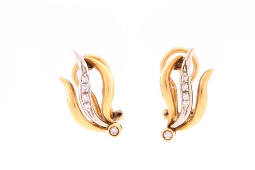 Lot 684 - A pair of 18 carat gold and diamond earrings;...