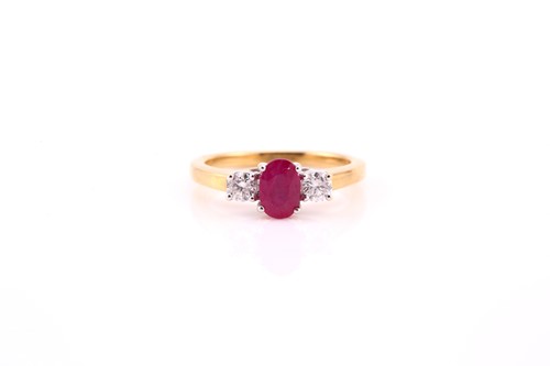 Lot 113 - A ruby and diamond three stone half hoop ring;...