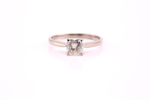 Lot 382 - A single stone moissanite ring, cushion cut in...