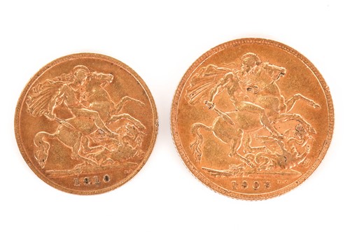 Lot 375 - An Edward VII sovereign 1909 and a half...