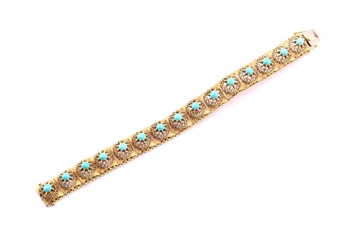 Lot 251 - A yellow metal and turquoise bracelet. The...