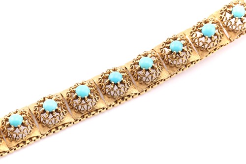 Lot 251 - A yellow metal and turquoise bracelet. The...