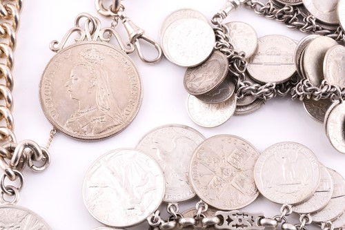 Lot 126 - A lot consisting of three coin charm bracelets,...