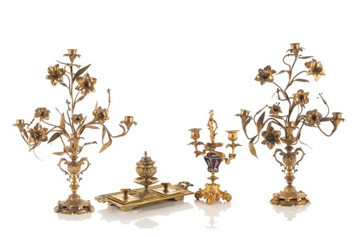 Lot 347 - A pair of French ormolu four sconce candelabra,...