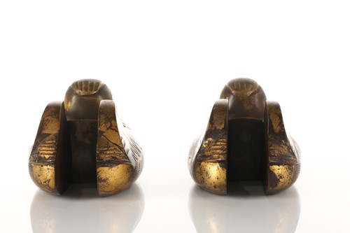 Lot 109 - A pair of Japanese patinated bronze byobu...