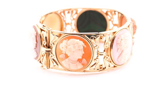 Lot 155 - A yellow metal stamped 14kt cameo bracelet,...