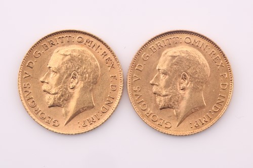 Lot 381 - Two George V half sovereigns, dated 1913 and...