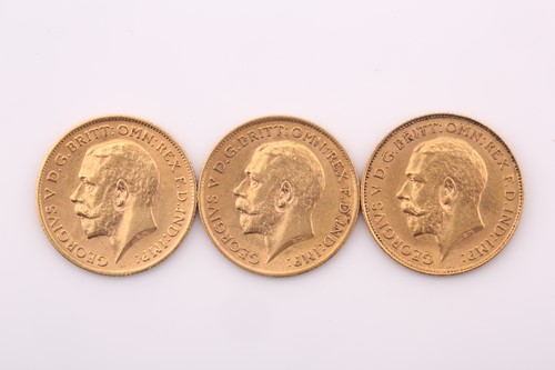 Lot 383 - Three George V half sovereigns, dated 1911,...