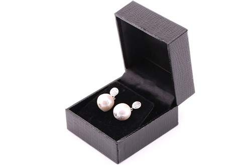 Lot 55 - A pair of South sea pearl and diamond drop...