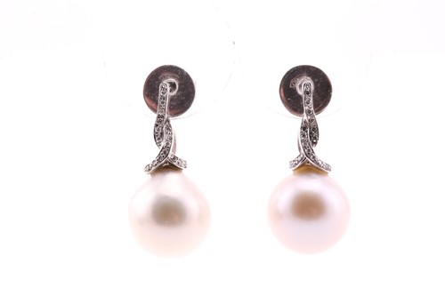 Lot 286 - A pair of South-Sea pearl and diamond earrings,...