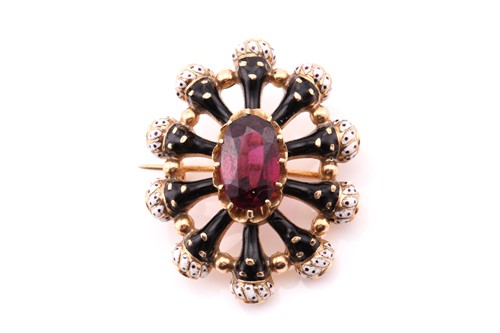 Lot 264 - A tourmaline and enamel brooch; the central...