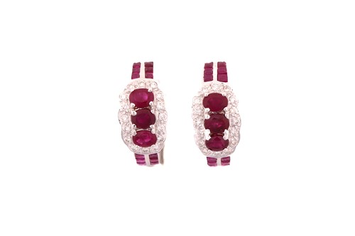 Lot 183 - A pair of ruby and diamond hoop earrings, one...