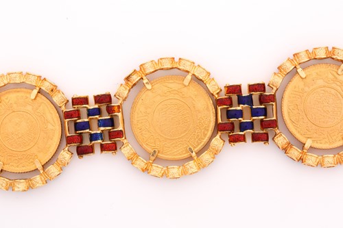 Lot 284 - A yellow metal, enamel and coin-set bracelet....