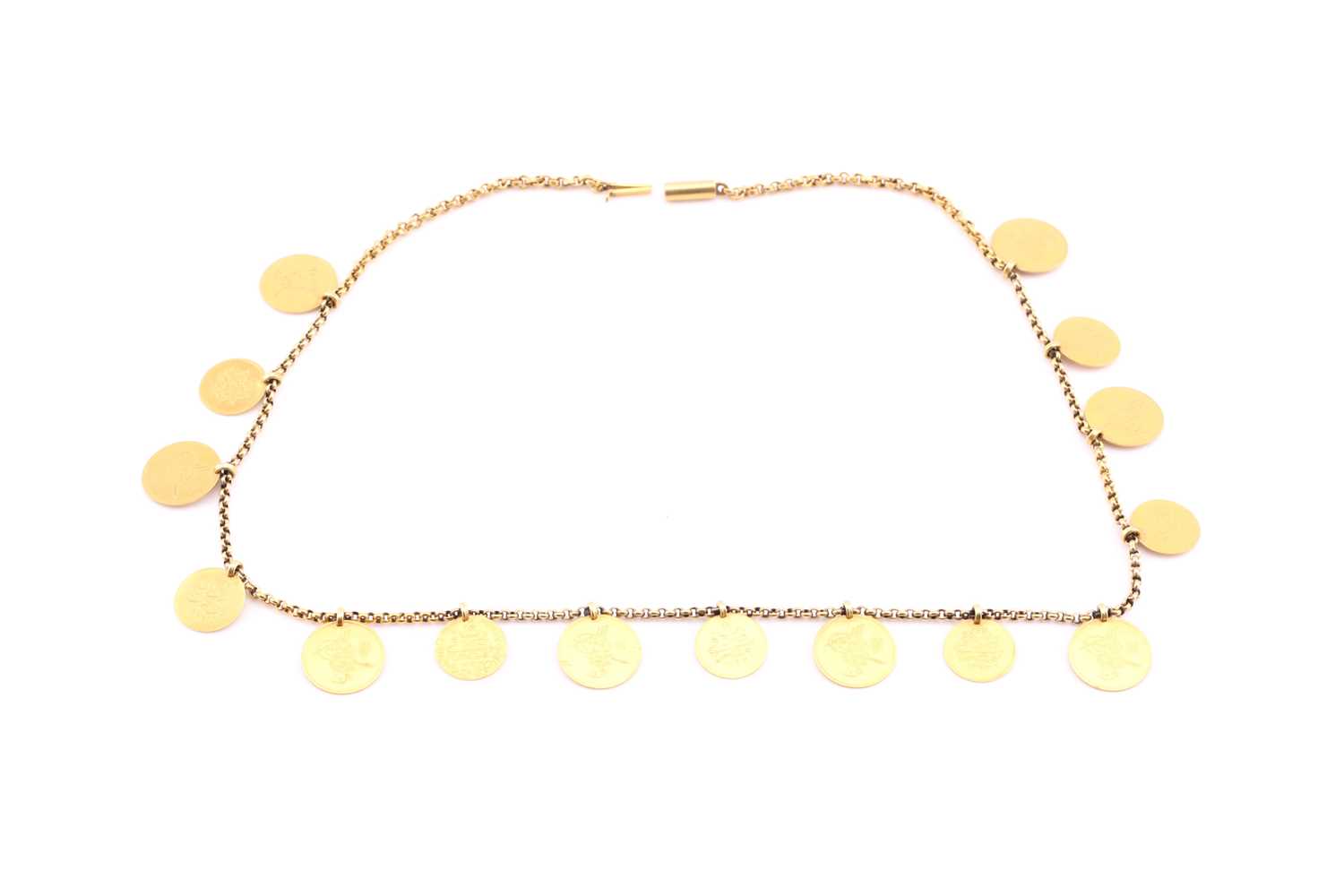 Lot 229 - A yellow precious metal fringe necklace, the...