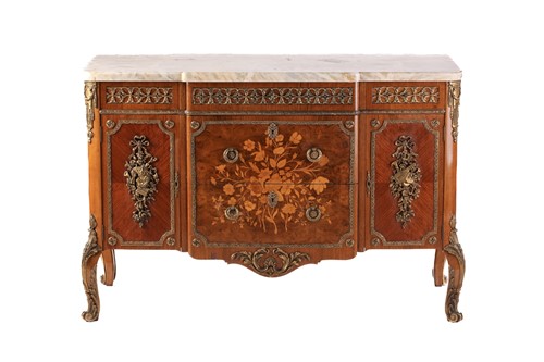 Lot 228 - A Louis XV style marble-topped commode vantaux,...