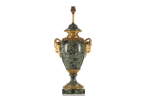 Lot 332 - Green marble urn form table lamp, 20th century....