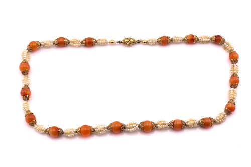 Lot 308 - A Victorian carnelian and pearl necklace, the...