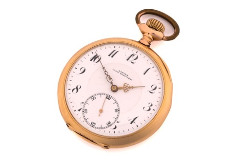 Lot 235 - An open-faced gold pocket watch; the white...