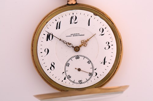 Lot 235 - An open-faced gold pocket watch; the white...