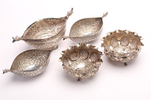 Lot 569 - Five Middle Eastern white metal bowls,...