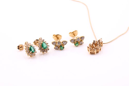 Lot 106 - Two pairs of emerald and diamond earrings and...