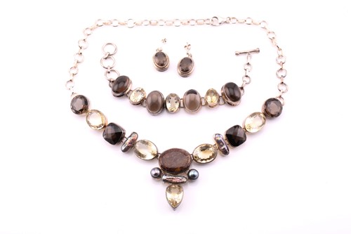 Lot 138 - A smoky quartz, citrine and pearl necklace, a...