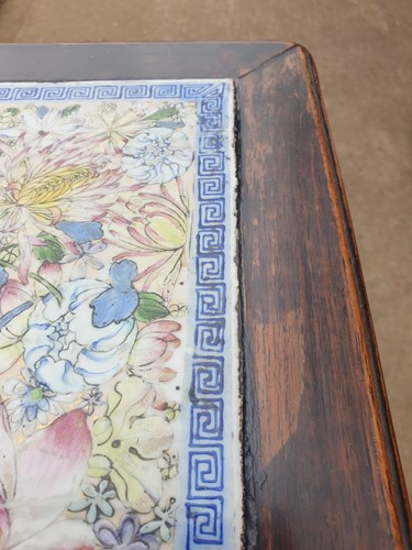 Lot 160 - A pair of Chinese hongmu and porcelain tables,...