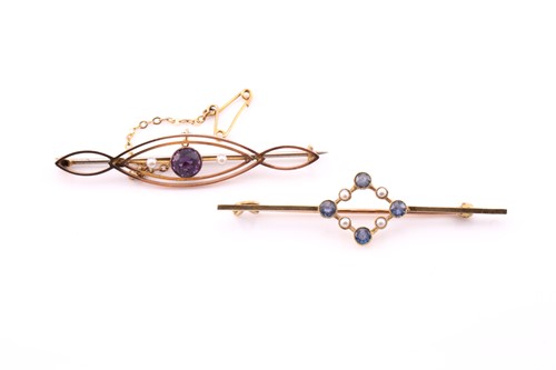 Lot 275 - An Edwardian amethyst and seed pearl brooch,...