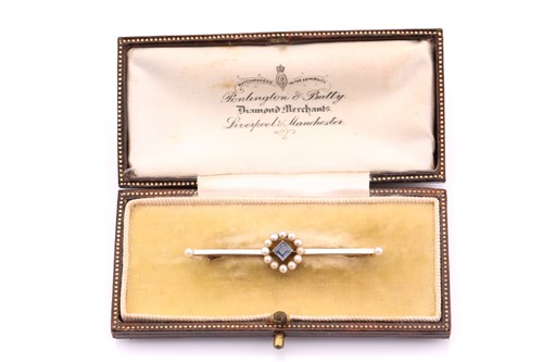 Lot 189 - A sapphire and pearl brooch, consisting of a...