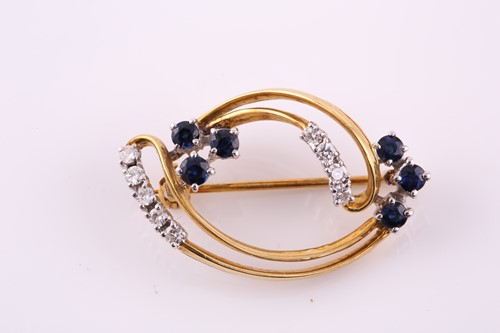 Lot 416 - A sapphire and diamond brooch; the swirling...