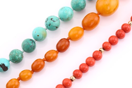 Lot 213 - Red coral bead necklace, oval beads from...