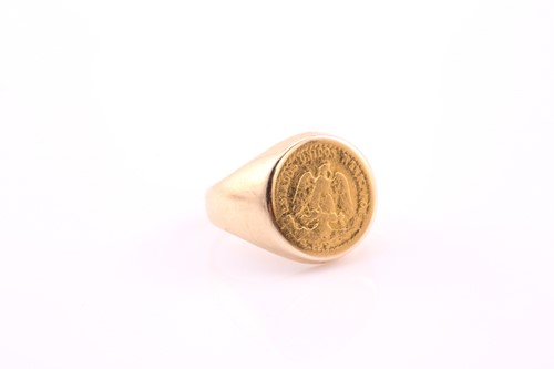 Lot 229 - A Mexican Dos Pesos gold coin inset ring, to a...