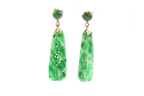 Lot 313 - Pair of carved jadeite tapering panel earrings,...