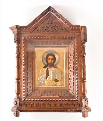 Lot 123 - A 19th century Russian icon with parcel gilt...