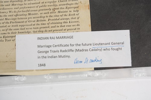 Lot 484 - A 19th century Indian Raj marriage certificate,...