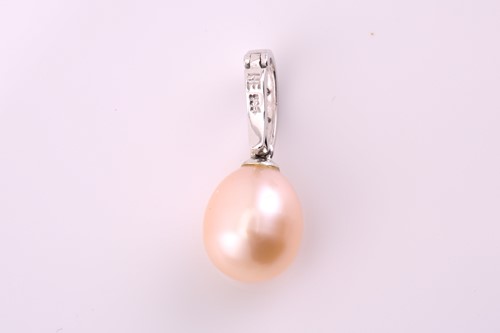 Lot 233 - A drop pearl pendant/enhancer with diamond set-...