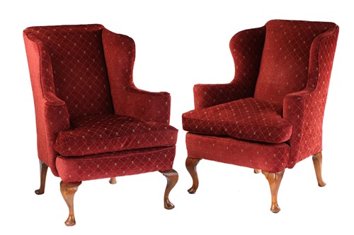 Lot 239 - A pair of mahogany framed wingback armchairs,...