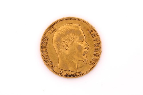 Lot 481 - A Napoleon III twenty franc coin; dated 1859....