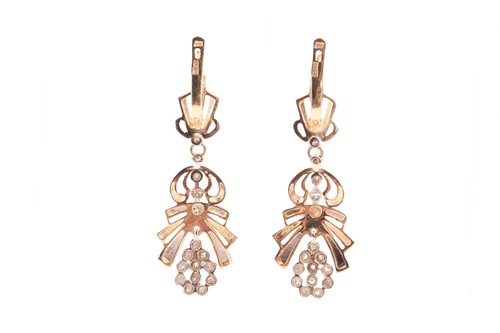 Lot 61 - A pair of 14ct gold diamond drop earrings,...