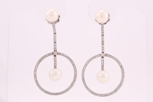 Lot 179 - A pair of pearl and diamond drop earrings,...
