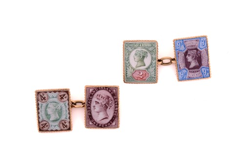 Lot 174 - A pair of rose gold and enamel postage stamp...