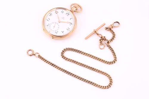 Lot 145 - A 9ct yellow gold Omega pocket watch and chain,...