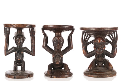 Lot 108 - Three Luba female caryatid stools, Democratic...