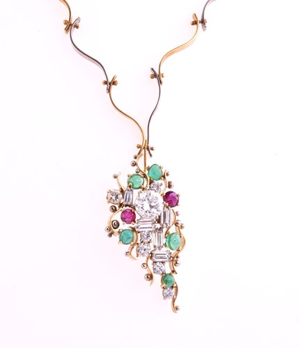 Lot 31 - A diamond and ruby cluster pendant and chain;...