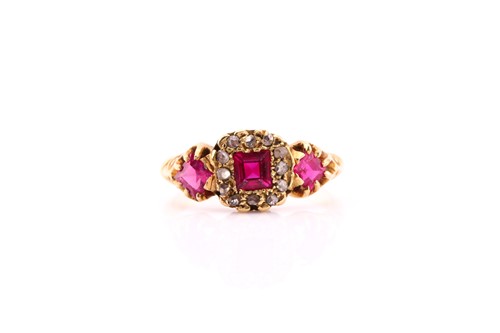 Lot 182 - An 18ct gold pink sapphire and diamond ring,...