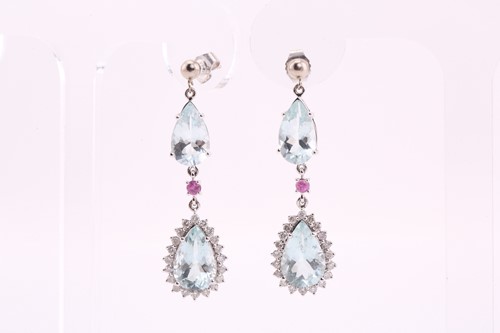 Lot 32 - A pair of aquamarine and diamond cluster drop...